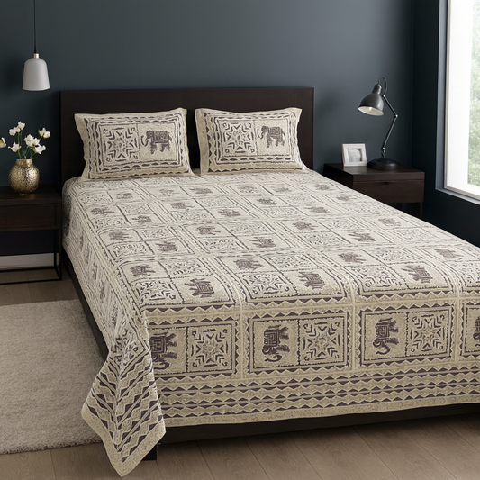 Handblock Elephant Print Pure Cotton King Size Bedsheet – Beige & Brown Traditional Rajasthani Design JUTONWeaves