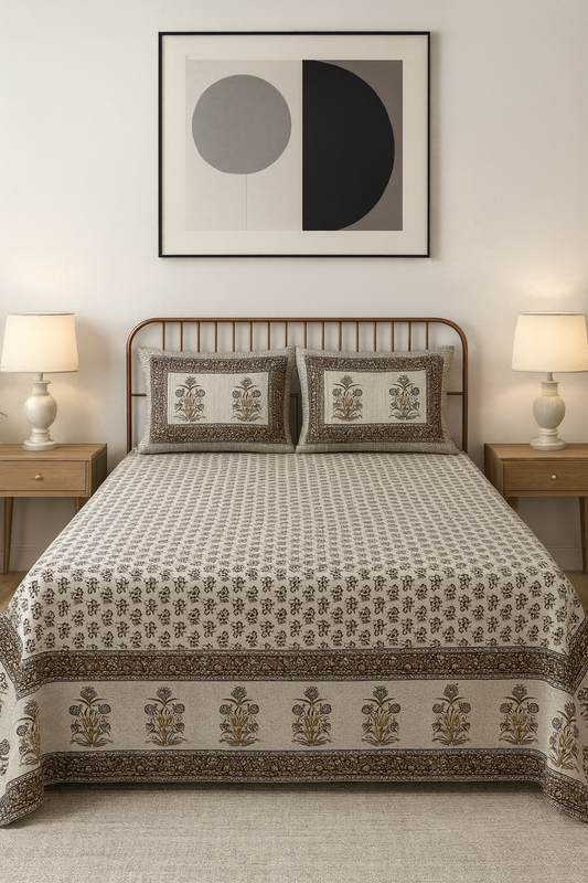 Heritage Floral Gold Print Cotton Bedsheet – King Size (100 x 108 Inch) JUTON